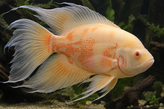 LONGFIN ALBINO RED TIGER OSCAR (Astronotus ocellatus) - Aquarists Across Canada